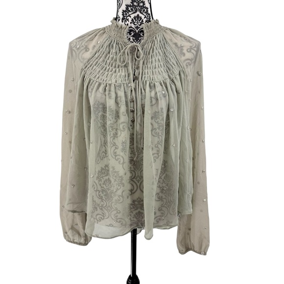 Free People Ready To Run Embellished Smocked Sheer Blouse Grey Mist Boho Chic - Picture 5 of 13